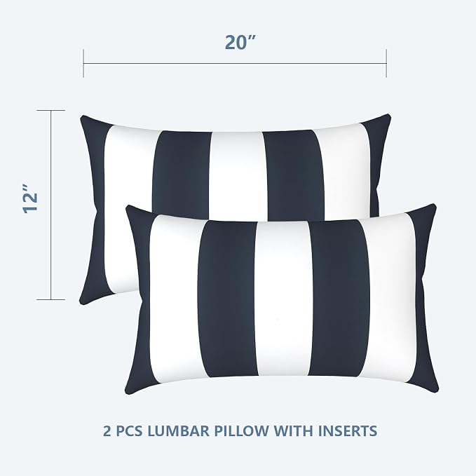 LVTXIII 12×20 Inch Outdoor Lumbar Pillows, Pack of 2 Water Repellent Lumbar Pillow with Inserts, Fluffy Decorative Garden Lumbar Cushions for Home Patio Coach Sofa Use, Cabana Navy