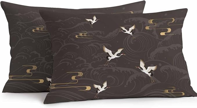 Japanese Style Outdoor Pillow Covers 20x12 Inch Lumbar Pillow Covers Set of 2 Waterproof Decorative Throw Pillow Cases Vintage Cranes Ocean Wave Black Grey Cushion Covers for Patio Furniture Garden