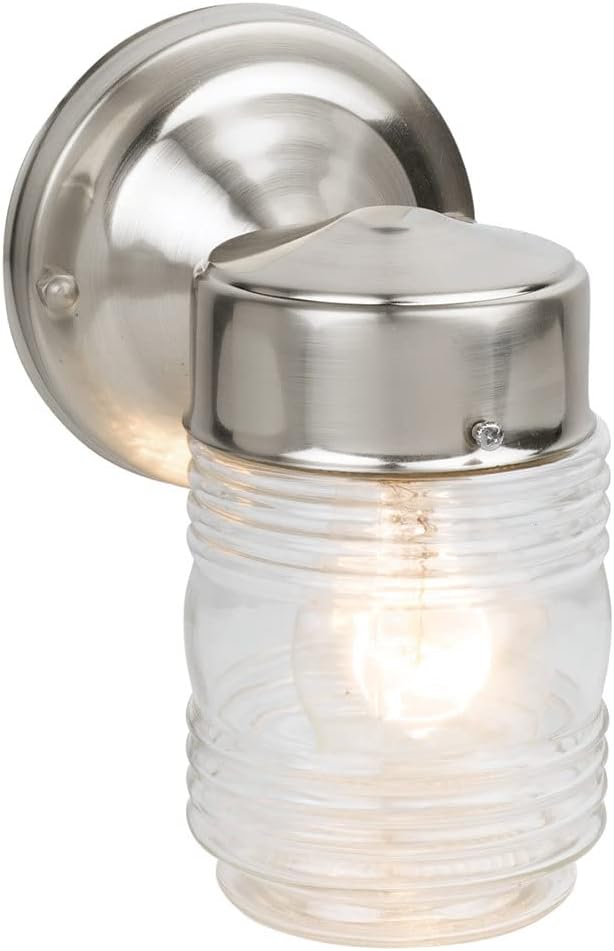 Design House 507806 Jelly Jar Classic 1-Light Indoor/Outdoor Wall Light with Clear Ribbed Glass for Entryway, Porch, Patio, Satin Nickel | Wall Mount, Traditional, Steel, Lighting, 507806