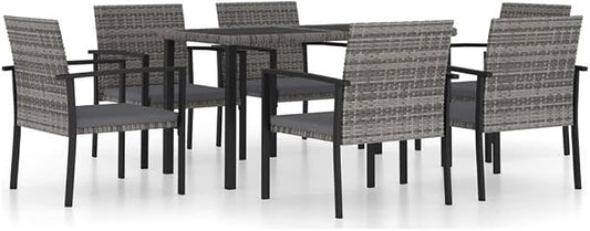 Afuera Living 7-Piece Patio Dining Set, Powder-Coated Steel Frame with Poly Rattan, Gray and Black Cushions, Rectangular Table, Removable Covers, Modern Outdoor Furniture for Garden or Terrace
