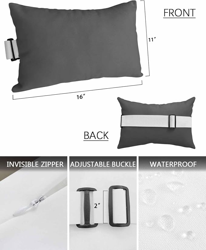 Chaise Lounge Chair Pillow with Strap & Insert Dark Grey Pattern Outdoor Recliner Head Pillow Pack of 2 Pure Colour Waterproof Headrest Patio Lumbar Pillow for Beach Pool Office Chair 11x16 Inch