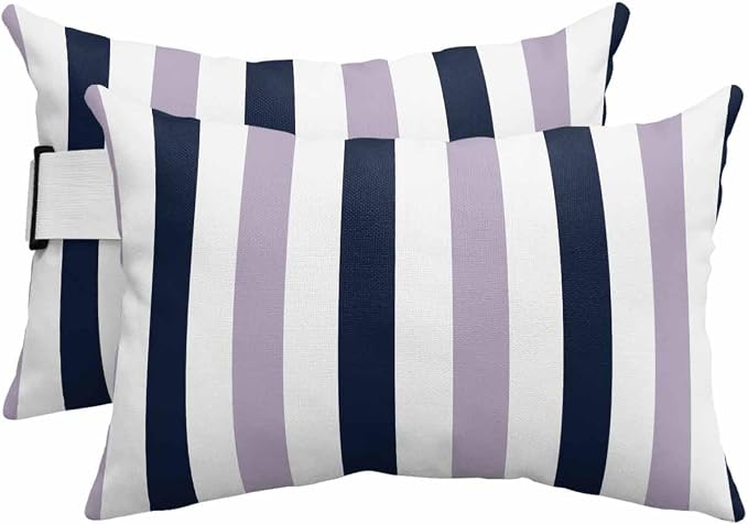 Pack of 2 Outdoor Lumbar Pillow Covers 12x20 Inch, Purple Navy Blue Striped Waterproof Throw Pillow Covers Set, Farmhouse Stripe Art Indoor&Outdoor Decorative Cushion Cases for Patio Porch Beach