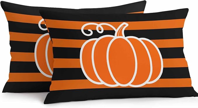 Orange Pumpkins Outdoor Waterproof Pillow Covers, Autumn Black Stripes Farmhouse Decorative Rectangle Throw Pillowcase Sofa Cushion Sham for Patio/Couch/Chair, 20"x12" 2 Pack
