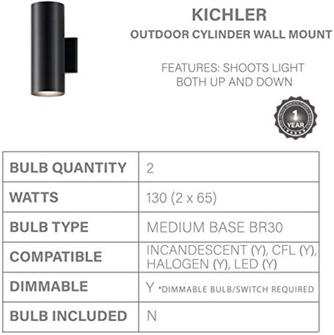 Kichler Cylinders 12" Outdoor Wall Sconce in Black, 2-Light Exterior Wall Light, Cylinder Fixture, (12" H x 5" W) , 9244BK