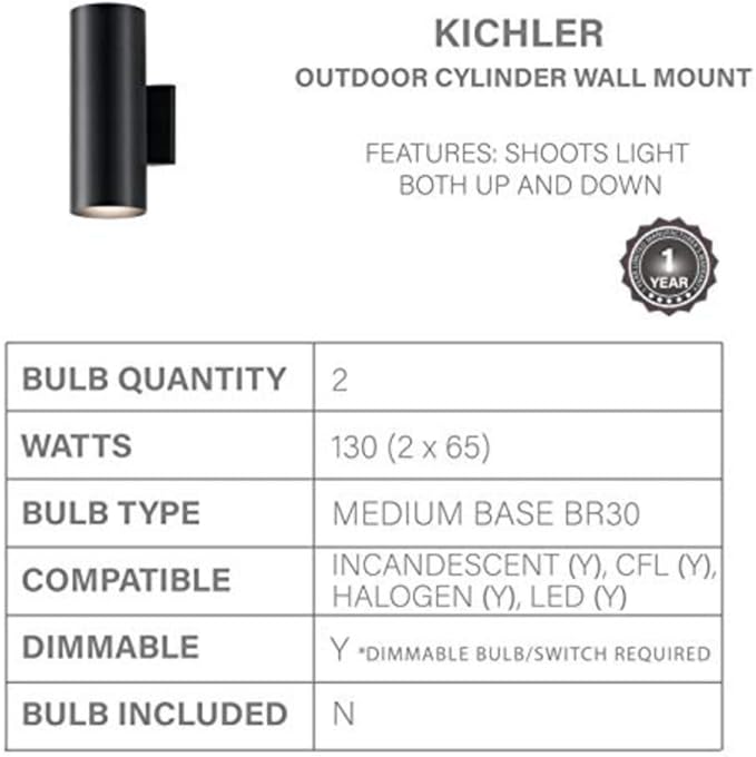 Kichler Cylinders 12" Outdoor Wall Sconce in Black, 2-Light Exterior Wall Light, Cylinder Fixture, (12" H x 5" W), 9244BK (Pack of 2)
