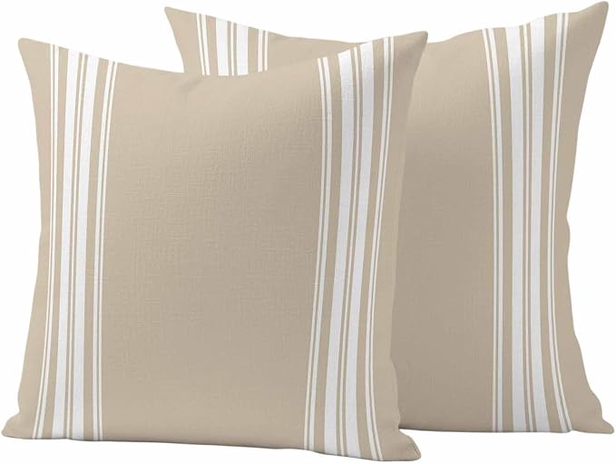 Outdoor Pillow Covers 20x20 Set of 2 Khaki Stripes Outdoor Pillows Waterproof Throw Pillow Covers French Stripe Farmhouse Style Pillowcases Decorative Case for Patio Cushion