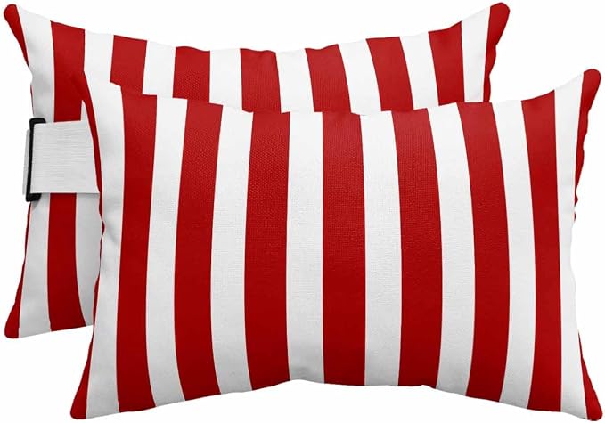 DecorLovee Red Striped Outdoor Recliner Pillows for Head, Christmas Waterproof Chair Pillow with Elastic Stripe, Farmhouse Red White Stripes Chaise Lounge Headrest Pillow for Patio/Pool 2Pack, 11"x16"
