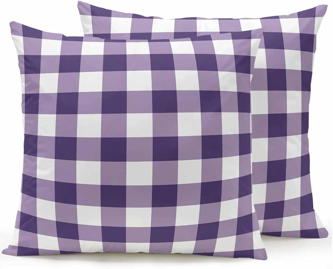 Waterproof Outdoor Pillow Set of 2 Purple Buffalo Plaid Decorative Throw Pillows Cover & Insert 18x18 Inch Pillowcase Check Lines Square Pillows for Couch Sofa Bed Patio Furniture Indoor Outdoor