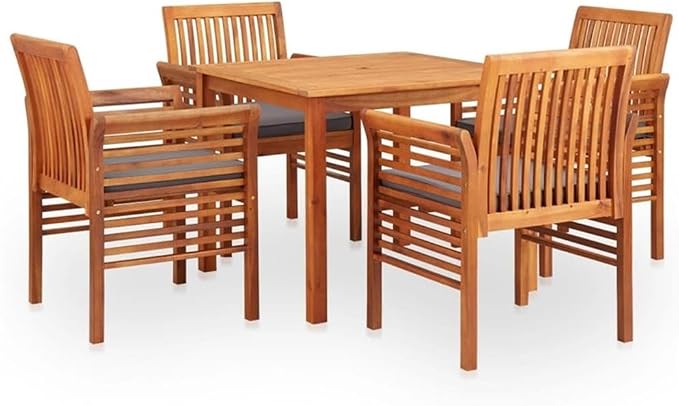 BOWERY HILL 5-Piece Acacia Wood Outdoor Dining Set, Brown Frame, Dark Gray Cushions, Weather-Resistant, Stackable Chairs, Oiled Finish, Patio, Garden or Terrace Furniture for Family Meals