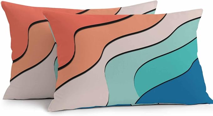 Orange Teal Ombre Outdoor Pillow Covers 20x12 Inch Lumbar Pillow Covers Set of 2 Waterproof Decorative Throw Pillow Cases Modern Moire Abstract Art Cushion Covers for Patio Furniture Garden Couch Sofa