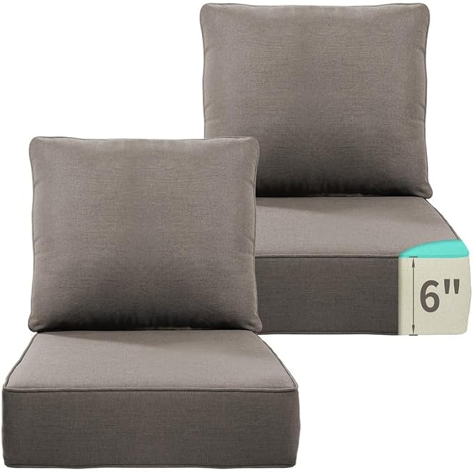 Luxury 22*24*6in Outdoor Patio Cushions, 2 Pieces Grey Outdoor Cushion | 6'' Thick Outdoor Cushions, Water-Resistant, Reversible, Removable Cover, for Patio Chairs Sofa Couch Loveseat