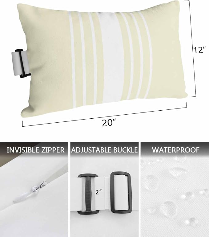 Pack of 4 Outdoor Lumbar Pillow Covers 12x20 Inch, Cream White Stripe Waterproof Throw Pillow Covers Set, Modern Rustic Vertical Striped Indoor&Outdoor Decorative Cushion Cases for Patio Porch Beach
