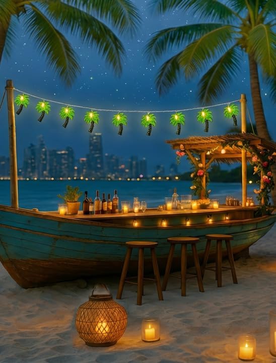 8.5Ft Palm Tree Lights Outdoor String Lights, 10L LED Patio Lights String | Summer Beach Themed, Plug in Lights for Outdoor Indoor, Bedroom, Birthday, Beach, Tiki Party Decor, White Wire