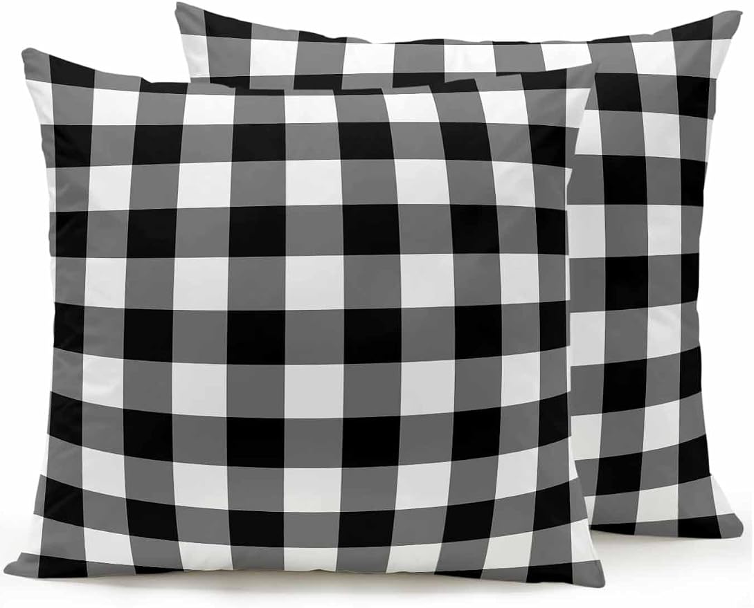 Waterproof Outdoor Pillow Set of 2 Black Buffalo Plaid Decorative Throw Pillows Cover & Insert 16x16 Inch Pillowcase Check Lines Square Pillows for Couch Sofa Bed Patio Furniture Indoor Outdoor