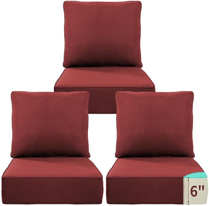 Luxury 22*24*6in Outdoor Patio Cushions, 3 Pieces Red Outdoor Cushion | 6'' Thick Outdoor Cushions, Water-Resistant, Reversible, Removable Cover, for Patio Chairs Sofa Couch Loveseat