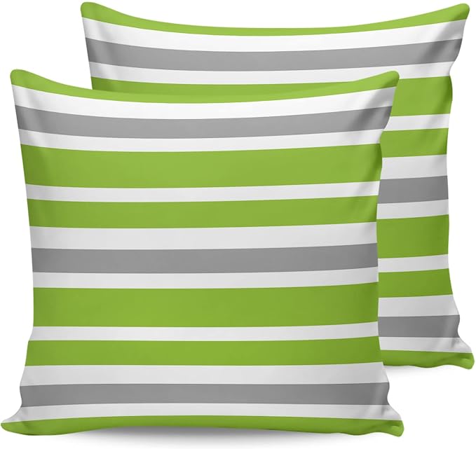 Outdoor Waterproof Throw Pillow Covers Set of 2 Grey Green Stripes Decorative Outdoor Pillows Cushion Case 18x18 Inch Classic Striped Patio Pillows for Couch Sofa Bed Garden Office Home Decor
