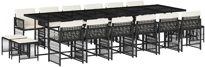 Afuera Living 17-Piece Patio Dining Set, Black Poly Rattan with Cream Cushions, Includes Rectangular Garden Table, Folding Chairs, Stools, Powder-Coated Finish, Outdoor Furniture for Garden or Terrace