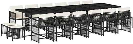 Afuera Living 17-Piece Patio Dining Set, Black Poly Rattan with Cream Cushions, Includes Rectangular Garden Table, Folding Chairs, Stools, Powder-Coated Finish, Outdoor Furniture for Garden or Terrace