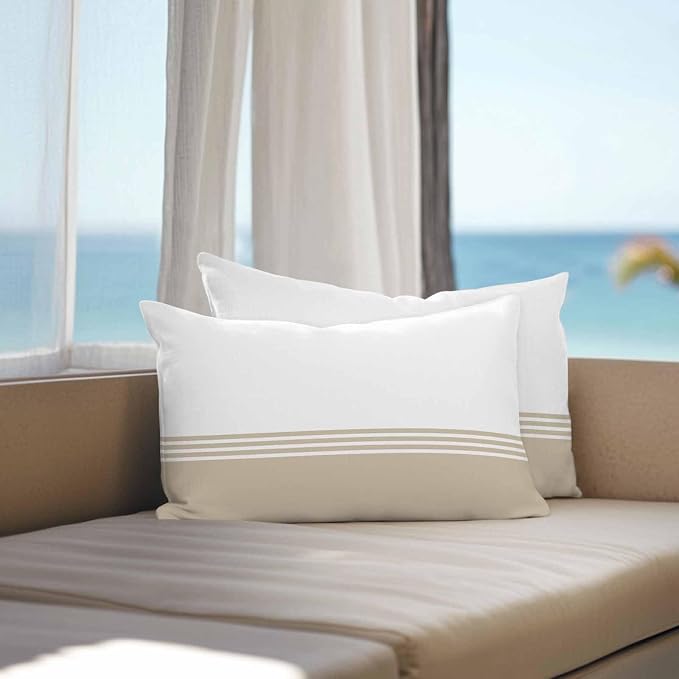 Lumbar Pillow Covers 20x12 Inch Set of 2, Beige White Striped Waterproof Outdoor Cushion Covers, Modern Abstract Art Aesthetics Decorative Pillowcases for Couch, Sofa, Bed, Garden, Patio