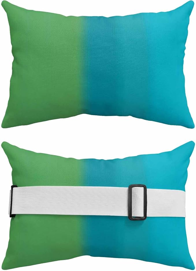 Color Ombre Striped Chaise Lounge Head Pillow, Minimalist Green Teal Blue Gradient Modern Water&Stain Proof Outdoor Chair Pillow with Strap&Insert for Garden Beach Pool Recliner, 12"x20", 1 PC