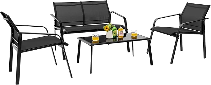 HAPPYGRILL 4 Piece Outdoor Conversation Set Patio Furniture Set, Breathable Fabric Single Chairs & Loveseat, Tempered Glass Coffee Table, Patio Bistro Set for Poolside Yard Garden