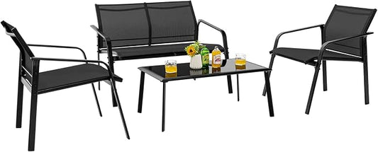HAPPYGRILL 4 Piece Outdoor Conversation Set Patio Furniture Set, Breathable Fabric Single Chairs & Loveseat, Tempered Glass Coffee Table, Patio Bistro Set for Poolside Yard Garden
