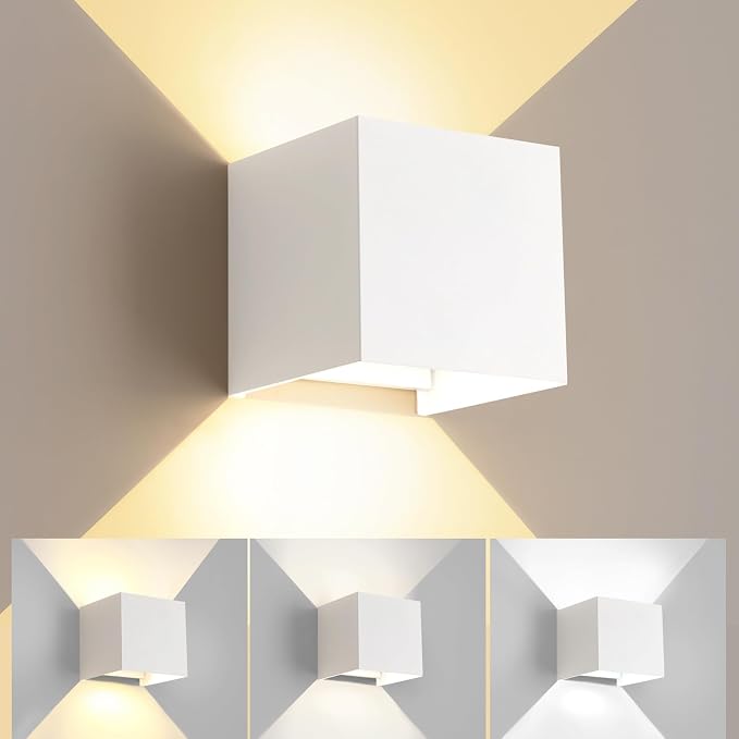 LED 20W Outdoor Wall Lights Exterior/Interior 3 Colors Adjustable Wall Sconce Up and Down Light Porch Lights IP65 Waterproof Exterior Wall Sconce Modern Outdoor Lighting Square Aluminum White