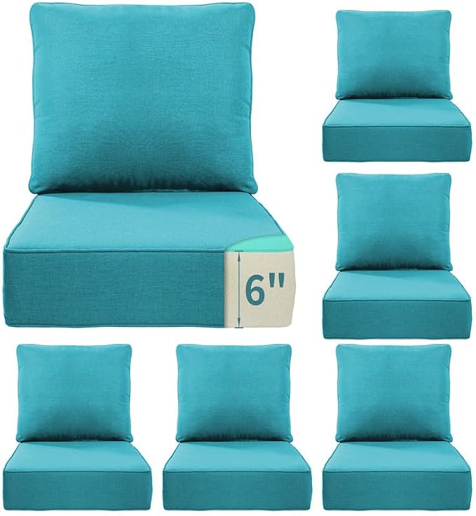 Luxury 22*24*6in Outdoor Patio Cushions, 6 Pieces Teal Outdoor Cushion | 6'' Thick Outdoor Cushions, Water-Resistant, Reversible, Removable Cover, for Patio Chairs Sofa Couch Loveseat