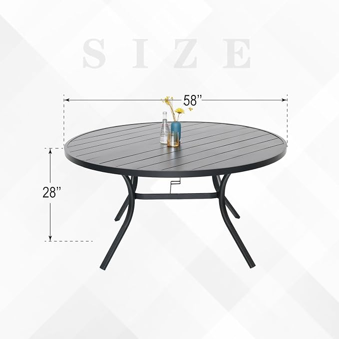 Patio Dining Table for 6,Steel Slatted Round Outdoor Table with Adjustable Umbrella Hole,58",Black