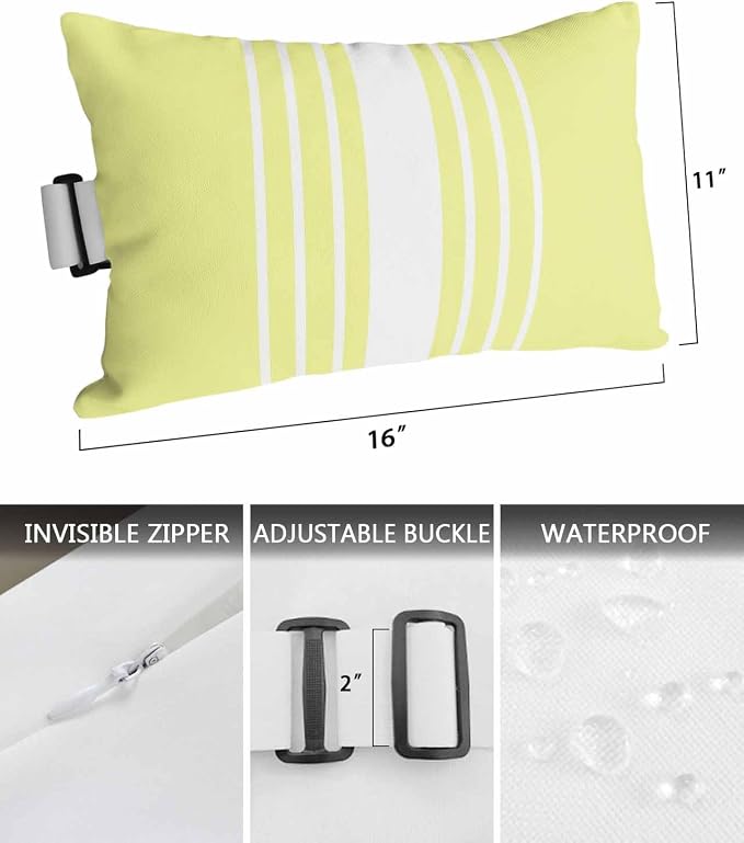 Pack of 2 Outdoor Lumbar Pillow Covers 11x16 Inch, Yellow White Stripe Waterproof Throw Pillow Covers Set, Modern Rustic Vertical Striped Indoor&Outdoor Decorative Cushion Cases for Patio Porch Beach