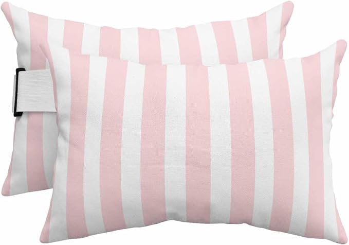 DecorLovee Pink Striped Outdoor Recliner Pillows for Head, Farmhouse Waterproof Chair Pillow with Elastic Stripe, Pink White Stripes Chaise Lounge Headrest Pillow for Patio/Beach/Pool 2Pack, 11"x16"