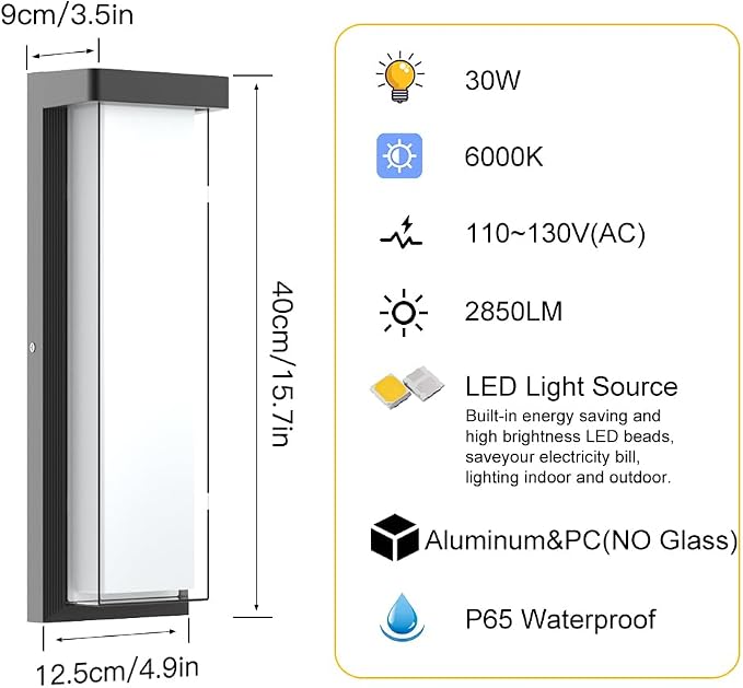LED Outdoor Wall Light Fixture,16in Dimmable Modern Porch&Patio Wall Light Fixture,6000K Black Exterior Sconce Light Mounted for House Garage Porch Courtyard(2Packs)