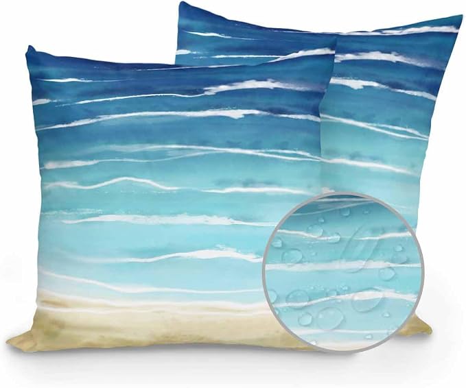 Set of 2 Outdoor Pillows Waterproof, Blue Beige Ombre Indoor/Outdoor Throw Pillows with Inserts, Coastal Nautical Summer Beach Wave Decorative Pillow for Patio Furniture Chairs Couch 16"x16"