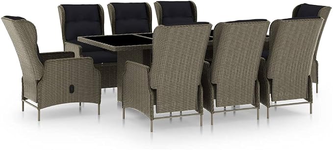 9 Piece Patio Dining Set with Cushions Poly Rattan Brown | Powder-coated Steel Frame, Glass Tabletop, Adjustable Backrest, Removable Cushion Covers