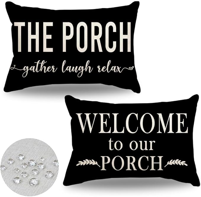 Porch Patio Decor Black Outdoor Lumbar Pillow Covers Waterproof 12x20 | Set of 2, Outdoor Pillows, Porch Decorations Outdoor, Porch Pillows, Outdoor Pillows Waterproof, Outdoor Decor for Patio