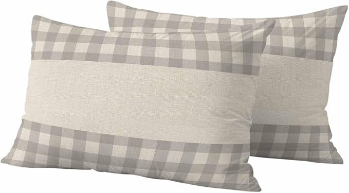 Retro Grey Outdoor Waterproof Pillow Covers, Farmhouse Buffalo Plaid Vintage Beige Decorative Rectangle Throw Pillowcase Sofa Cushion Sham for Patio/Couch/Chair, 20"x12" 2 Pack