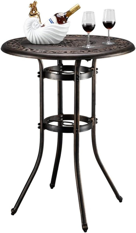 Outdoor Cast Aluminum Round Bar Table with Die Cast Tabletop in One Body and Strong Fixed Ring,Weatherproof Bar Height Cocktail Table with Umbrella Hole and Adjustable Foot Pads,Bronze
