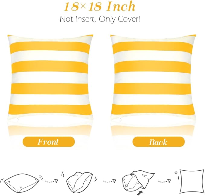 Lewondr 2 Pack Outdoor Throw Pillow Covers, 18"x18", Yellow + White | Square Stripe, Waterproof, For Outdoor Patio Porch Farmhouse Garden Balcony Couch, 45x45cm
