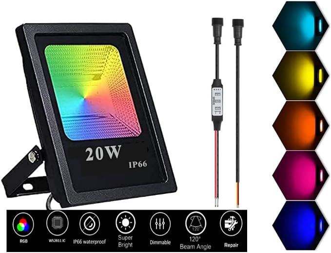 LED Flood Lights;20W Smart WS2811 led Full Color Pixel RGB Flood Light, led addressable Pixel floodlight; DC12-24V Input IP65; for Outdoor Decorative/Garden/Stage Lighting (1PCS-WS2811-20W)