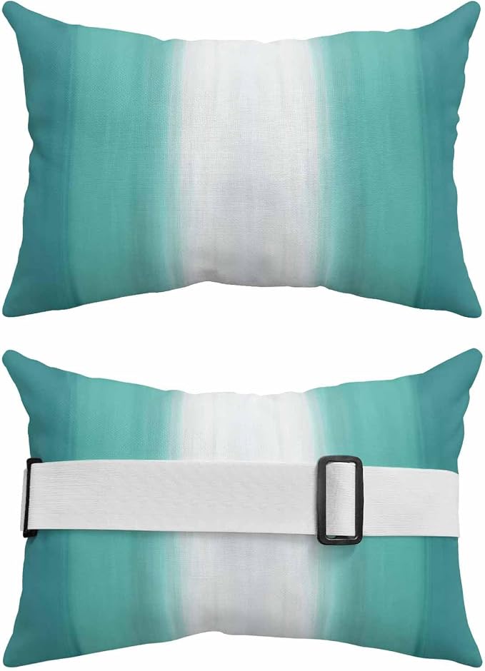 Outdoor Lumbar Pillow Set of 1, Teal Green Striped Waterproof Beach Headrest Pillow with Inserts, Turquoise Ombre Farmhouse Gradient Recliner Throw Pillows for Patio Furniture, 12 x 20