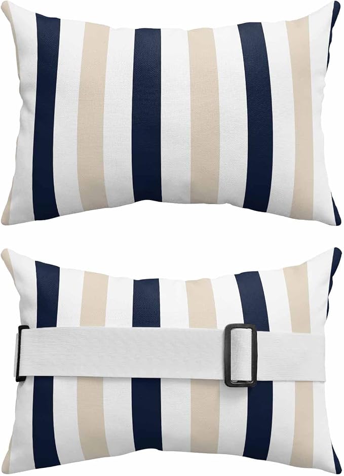 Pack of 4 Outdoor Lumbar Pillow Covers 12x20 Inch, Beige Navy Blue Striped Waterproof Throw Pillow Covers Set, Farmhouse Stripe Art Indoor&Outdoor Decorative Cushion Cases for Patio Porch Beach