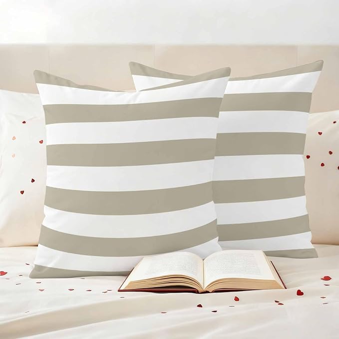 JasmineM Outdoor Pillow Cover 16x16 Inches Set of 2 Tan and White Stripe Waterproof Throw Pillow Covers Taupe Tan Brown Stripes Decorative Pillowcases Garden Cushion Case for Patio Couch Sofa