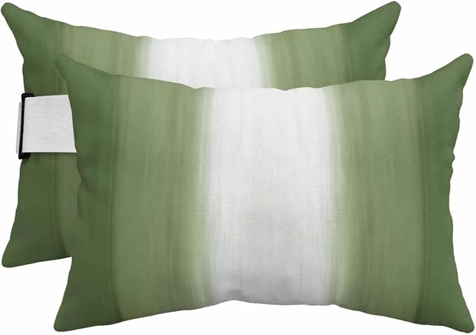 Outdoor Lumbar Pillow Set of 2, Dark Green Striped Waterproof Beach Headrest Pillow with Inserts, Green White Ombre Farmhouse Gradient Recliner Throw Pillows for Patio Furniture, 12 x 20