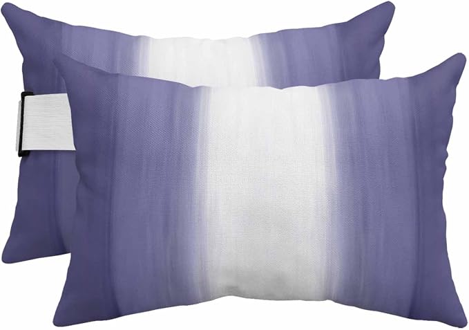Outdoor Lumbar Pillow Set of 2, Purple Ombre Striped Waterproof Beach Headrest Pillow with Inserts, Purple Gradient Farmhouse Abstract Art Recliner Throw Pillows for Patio Furniture, 12 x 20