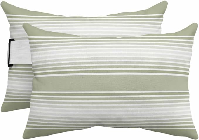 Pack of 2 Outdoor Lumbar Pillow Covers 11x16 Inch, Sage Green Striped Waterproof Throw Pillow Covers Set, Green Ombre Farmhouse Stripes Indoor&Outdoor Decorative Cushion Cases for Patio Porch Car