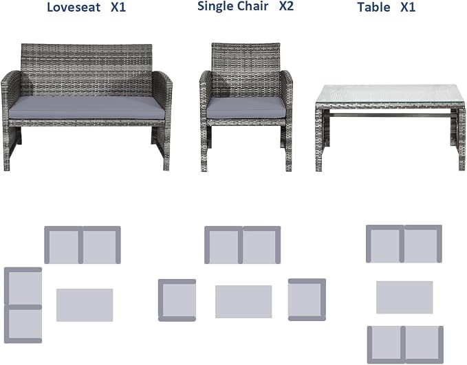 HAPPYGRILL 4 Pieces Rattan Patio Conversation Set with Soft Cushions, Outdoor Furniture Set with PE Wicker Coffee Table & Sofa Chairs for Garden Poolside Porch Backyard