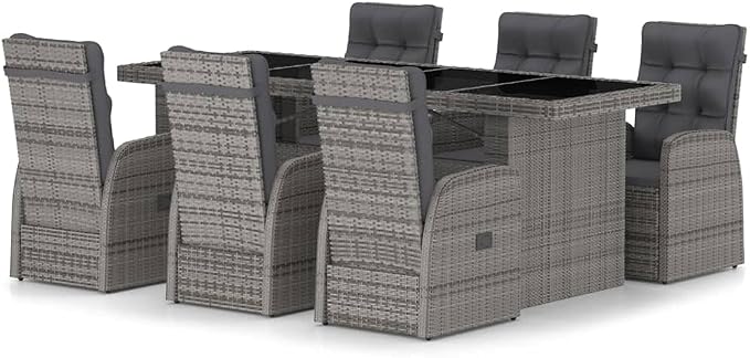 7 Piece Patio Dining Set with Cushions,Outdoor Table Chairs,Kitchen Furniture,Removable, Washable Cushion Covers,Used in Restaurant, Bistro, Coffee Shop,Deck, Backyard, Poly Rattan Gray