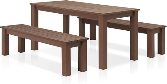 Outdoor Dining Table & Bench Set for 6, 59" Rectangle Poly Lumber Table + 2 Three-Person Backless Benches, Weatherproof HDPE Patio Furniture Set, Anti-Fade, for Garden, Backyard, Porch & Park