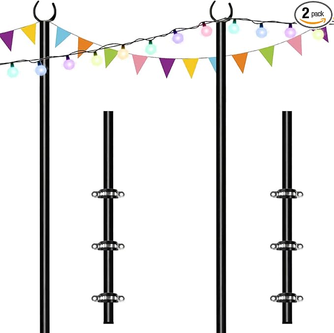 10ft String Light Poles for Deck Fence, Light Poles for Outdoor String Light, Perfect for Garden, Backyard, and Patio Lighting Stand for Parties, Wedding - Matte Black Finish - 2 Pack