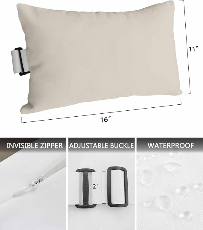 DecorLovee Ivory White Outdoor Recliner Pillows for Head, Modern Ivory White Waterproof Chair Pillow with Elastic Stripe, Farmhouse Chaise Lounge Headrest Pillow for Patio/Beach/Pool 1Pack, 11"x16"